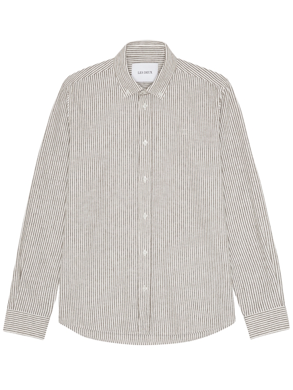 Les Deux Konrad Stripe Cotton Linen Shirt - Teak Brown