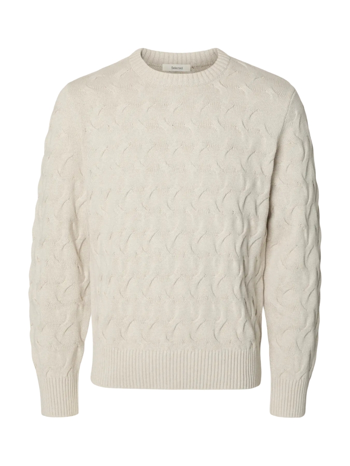 Selected Carlos LS Cable Crewneck Knit - Silver Birch/Melange