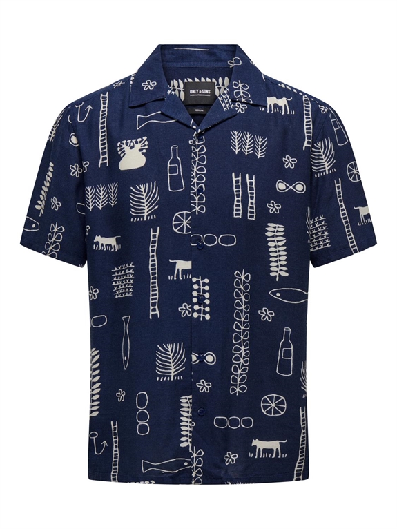 ONLY & SONS Alvin Reg SS Object AOP Resort Shirt - Navy Blazer