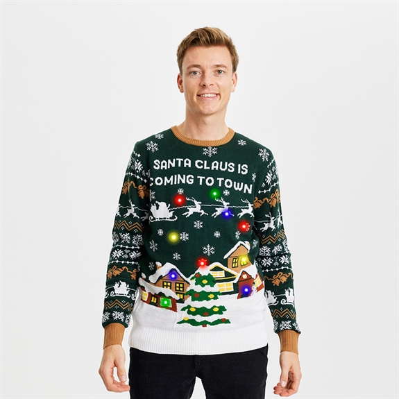 Julesweaters Santa Claus Is Coming To Town LED - Green