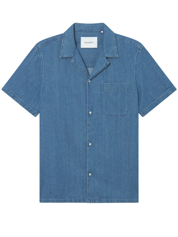 Les Deux Klark Denim SS Shirt - Medium Blue Wash