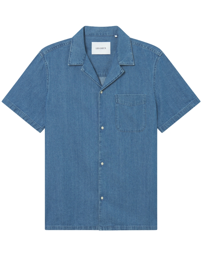 Les Deux Klark Denim SS Shirt - Medium Blue Wash