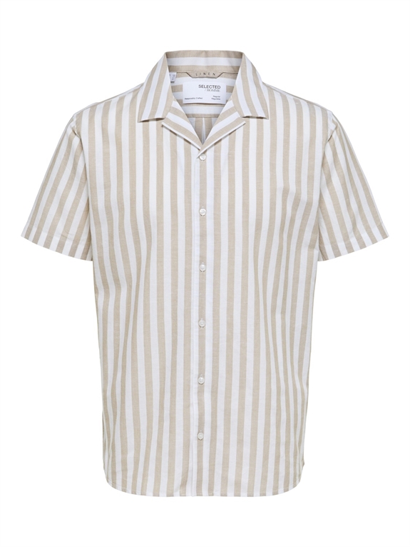 Selected Reg New Linen Shirt SS Cuba - Kelp/Stripes