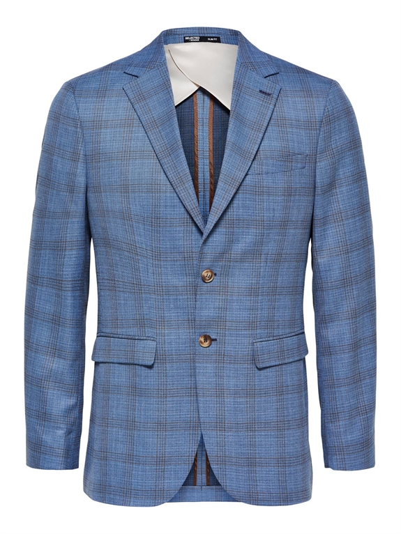 Selected Slim Crewe Blue Check Blazer - Blue Heaven/Brown